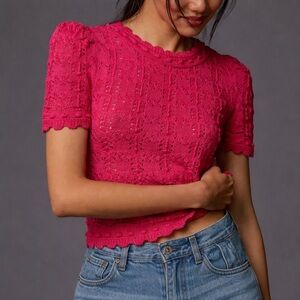 Anthropologie Pink Crochet Knit Top Scalloped Short Sleeve Boho Size M